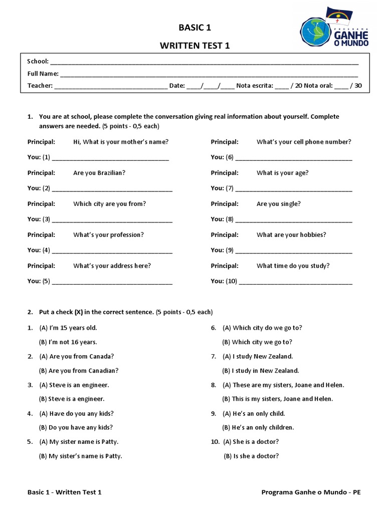 Basic 1 Written Test for Students | PDF