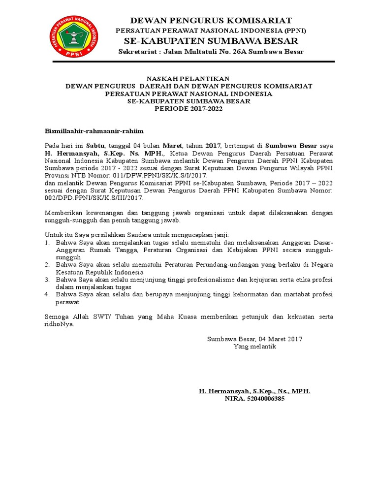 Naskah Pelantikan Dpk Ppni Dewan Pengurus Komisariat