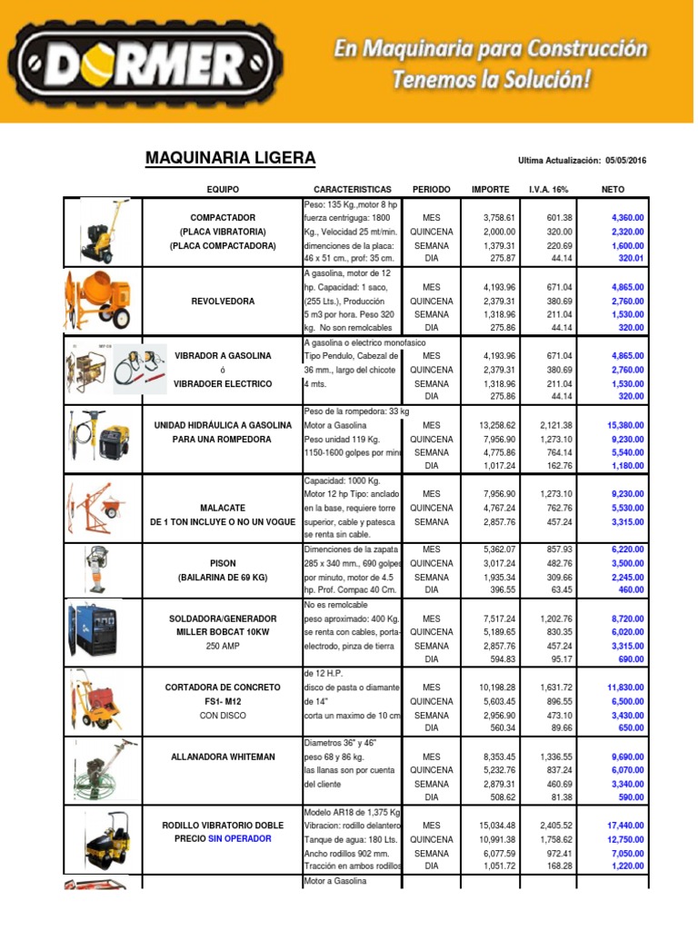 Lista Precios Renta Ligera Vehículos terrestres Automotive