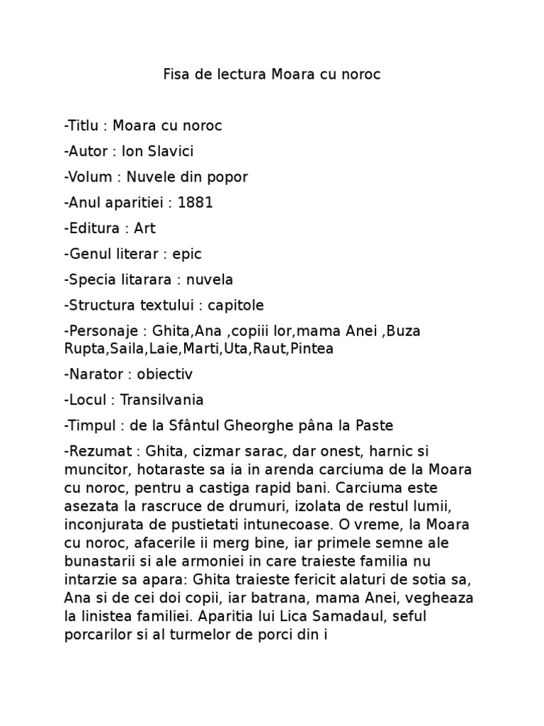 Relatia Incipit Final Moara Cu Noroc Fisa de Lectura Moara Cu Noroc | PDF