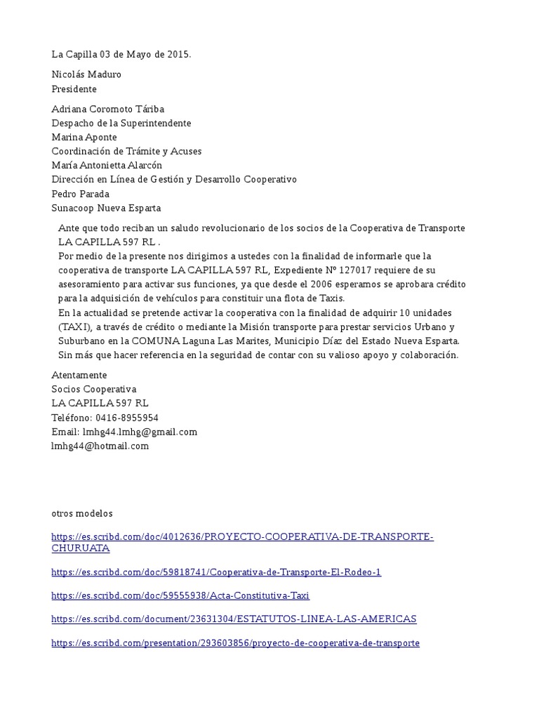 Modelo Carta Solicitud de Taxis Por Cooperativa