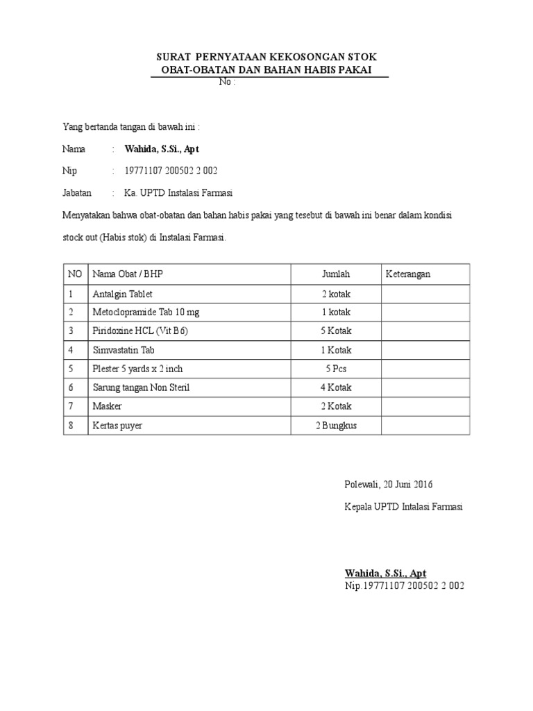 Surat Pernyataan Kekosongan Stok