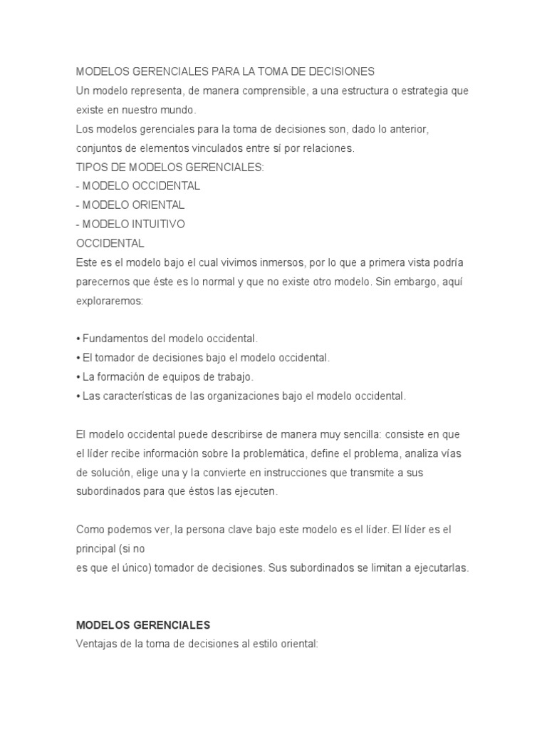 Modelos Gerenciales en Decisiones | PDF | Toma de decisiones ...