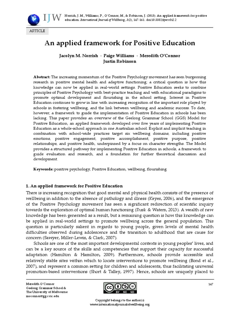 Applied Framework For Positive Education PDF Psychological