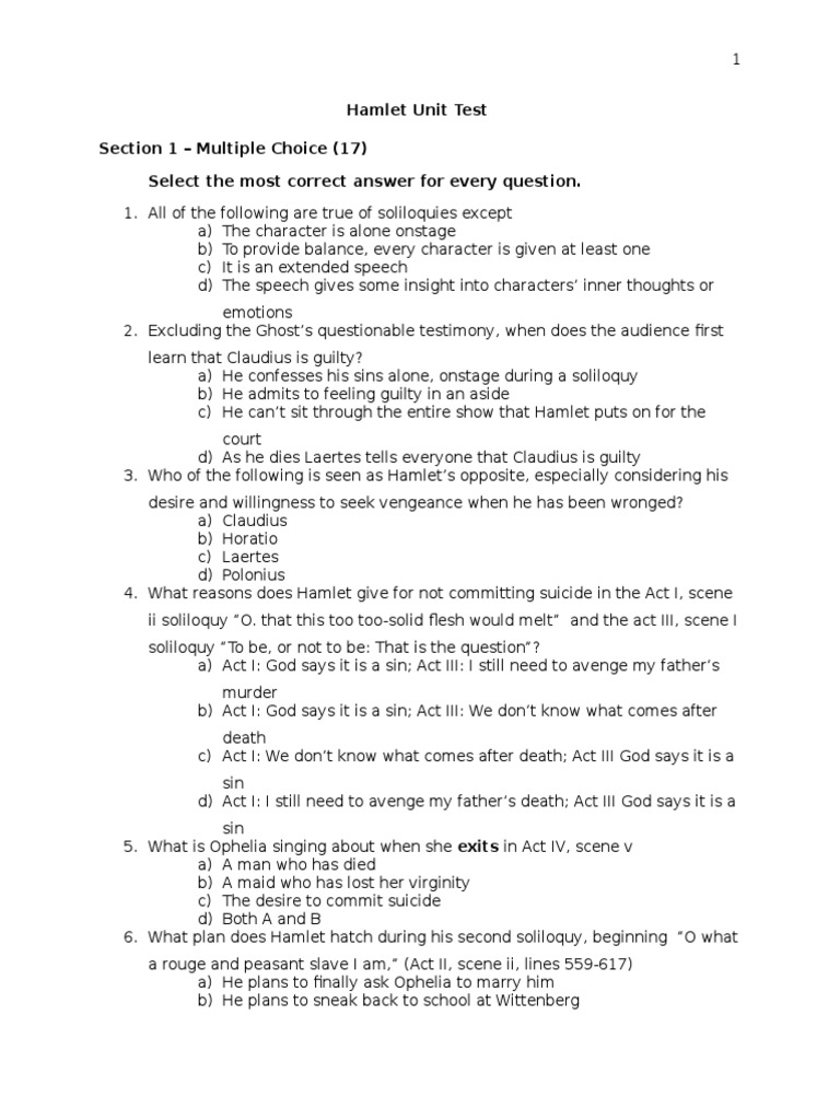 Hamlet Test Eng 4u PDF Hamlet Shakespearean Characters