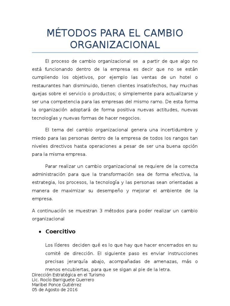 Métodos para El Cambio Organizacional | PDF | Gestión del cambio ...