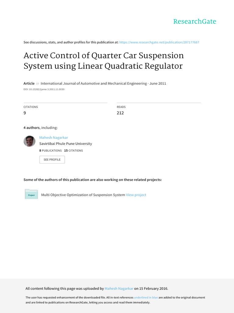 Active Control of Quarter Car Suspension System Us | PDF | Suspension ...