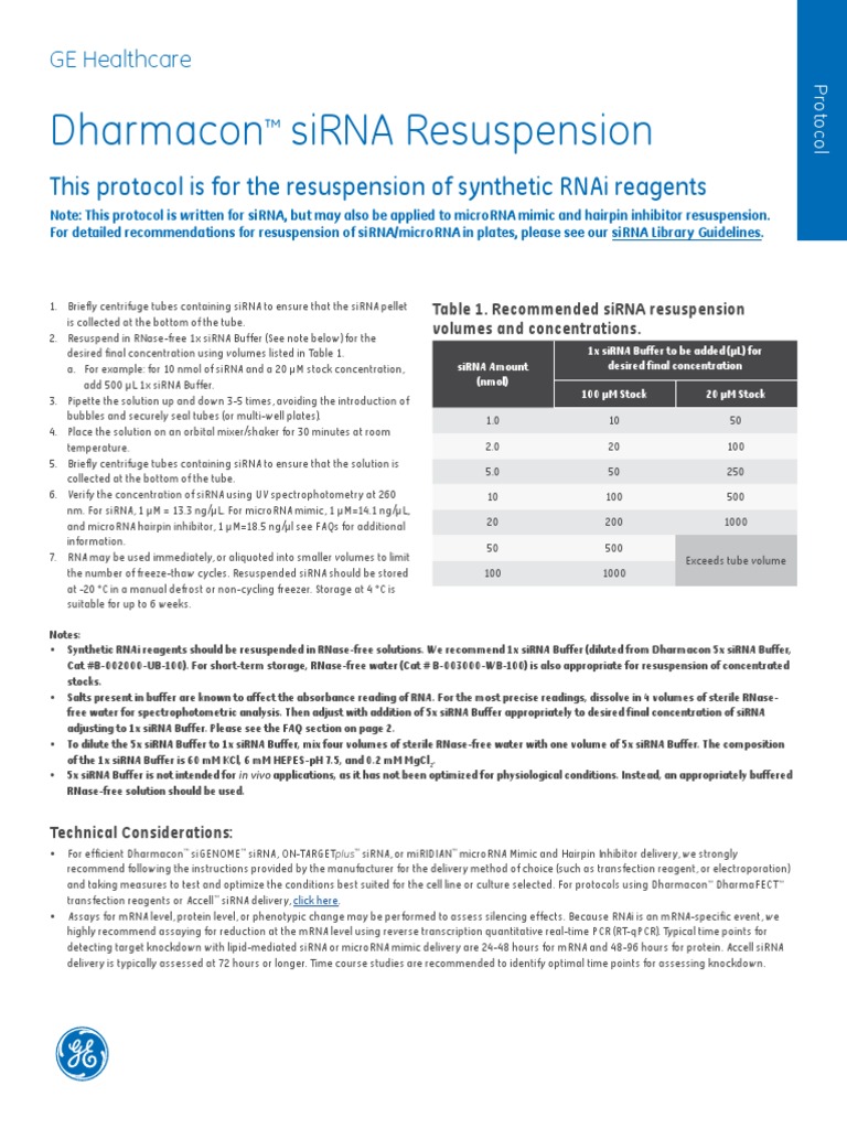 Basic Sirna Resuspension Protocol | PDF | Small Interfering Rna ...