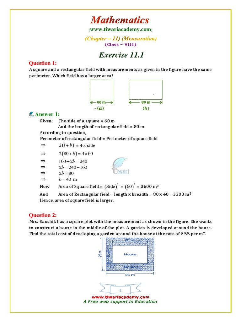 Class 8 Maths Exercise 11.1 Solutions | PDF | Area | Rectangle