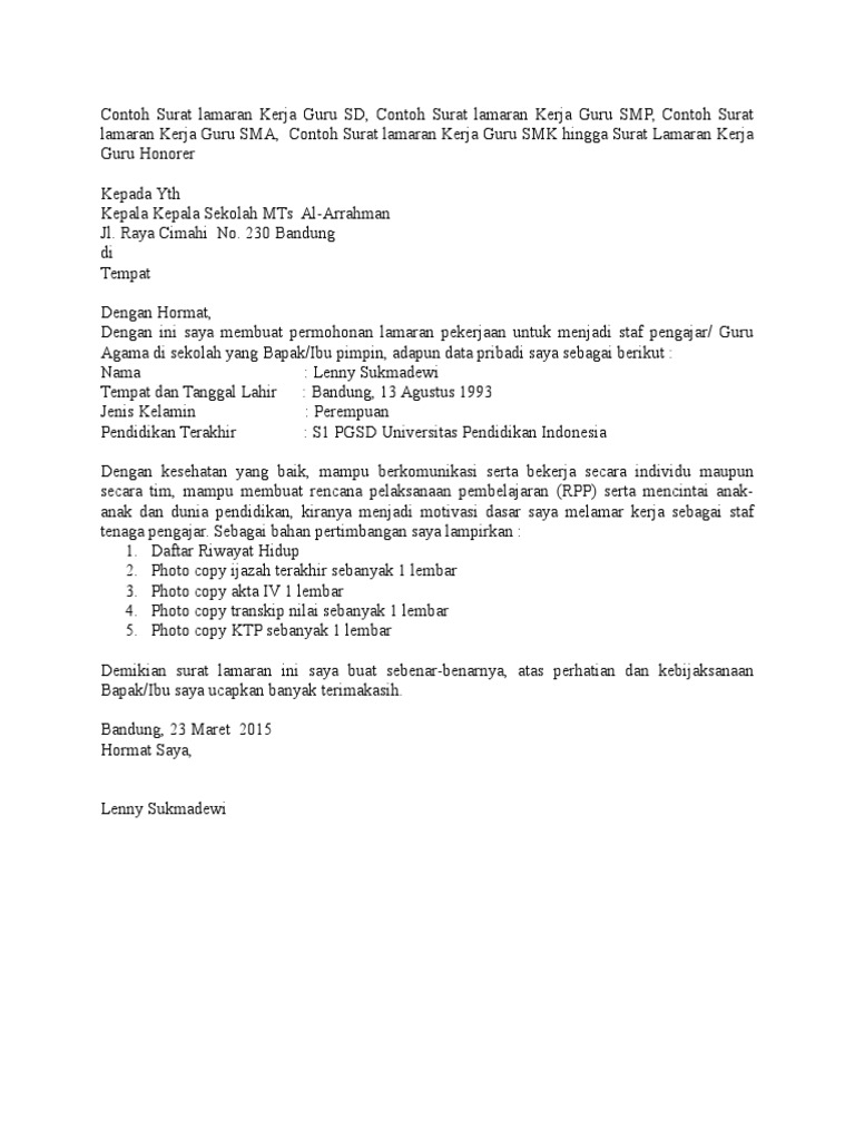 Download 61+ Contoh Surat Surat Lamaran Kerja Guru Bahasa Indonesia Terbaru Gratis