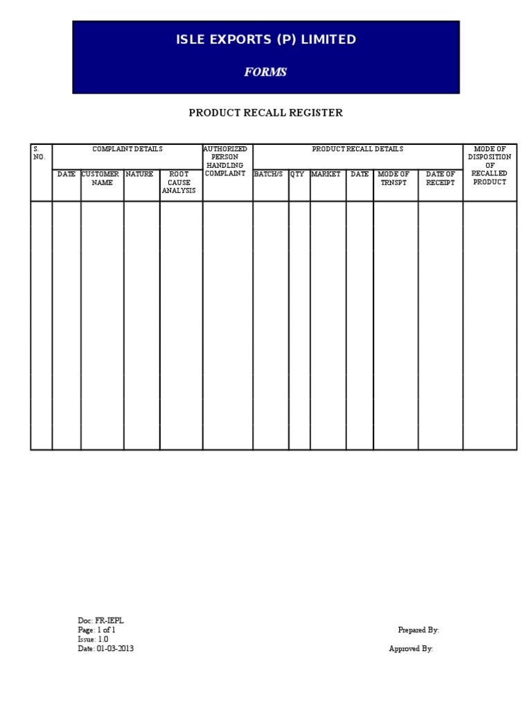 Product Recall Register Template | PDF