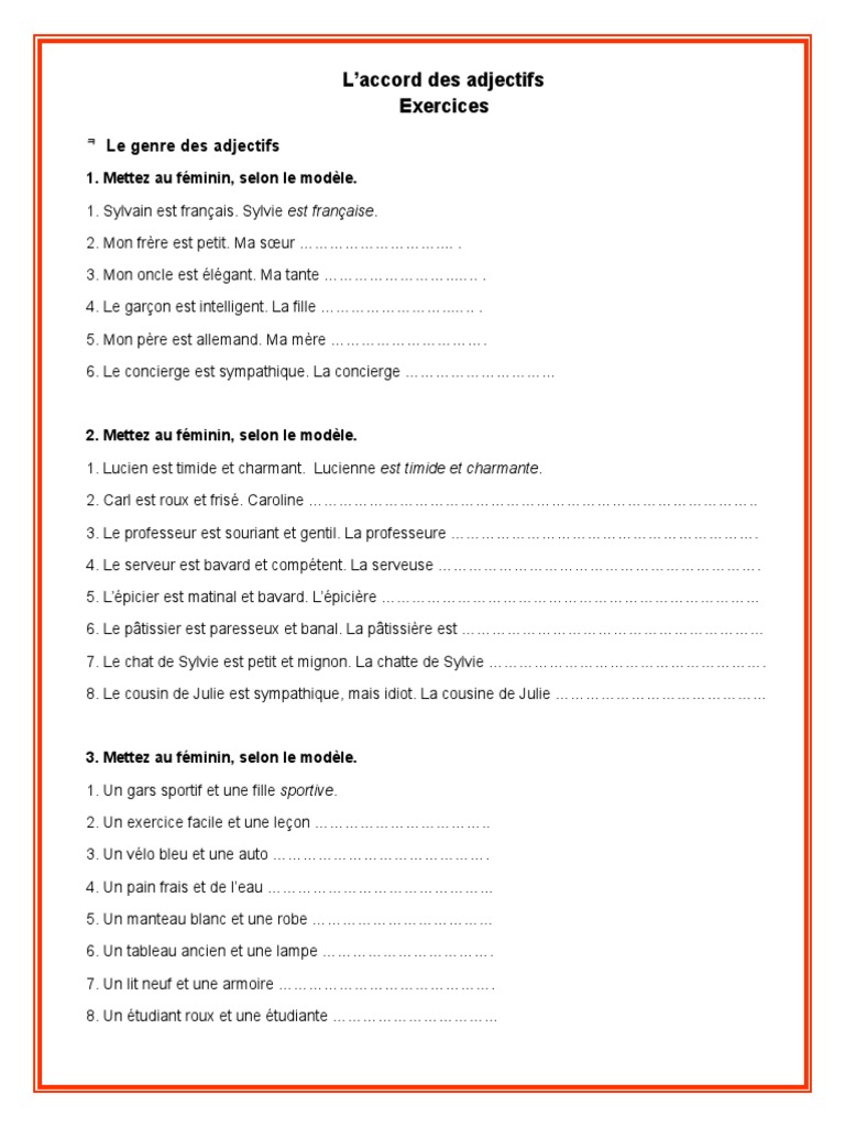 Accord De L adjectif Exercices à Imprimer Le Genre Et Le Pluriel Des Adjectifs Exercices Et Corrige | PDF | Genre  grammatical | Nourritures
