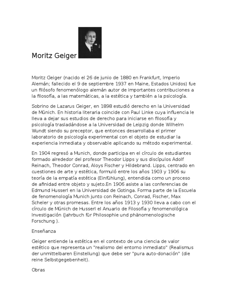 Moritz Geiger: Filósofo Fenomenólogo Alemán | PDF | Ciencias sociales ...