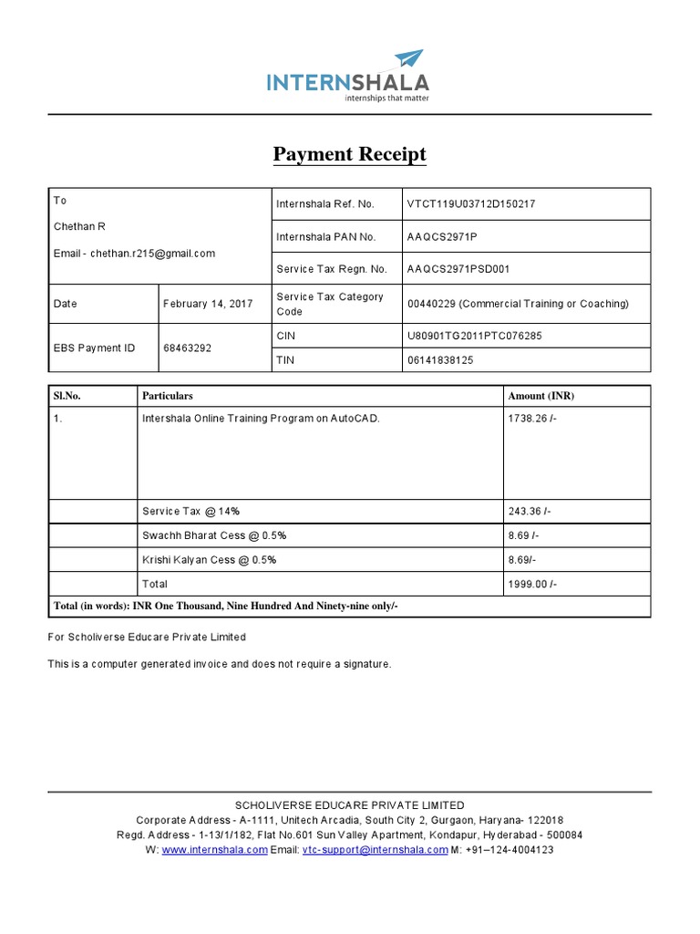 Internshala Invoice VTCUVTCT119U03712D150217 | PDF