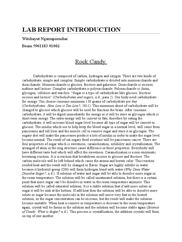 Rock Candy Lab Report Introduction PDF Carbohydrates Solution