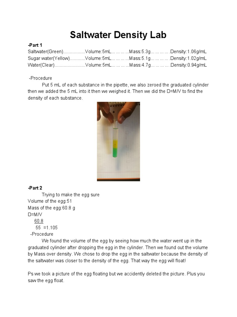 Saltwater Density Lab Part 1 PDF Buoyancy Density