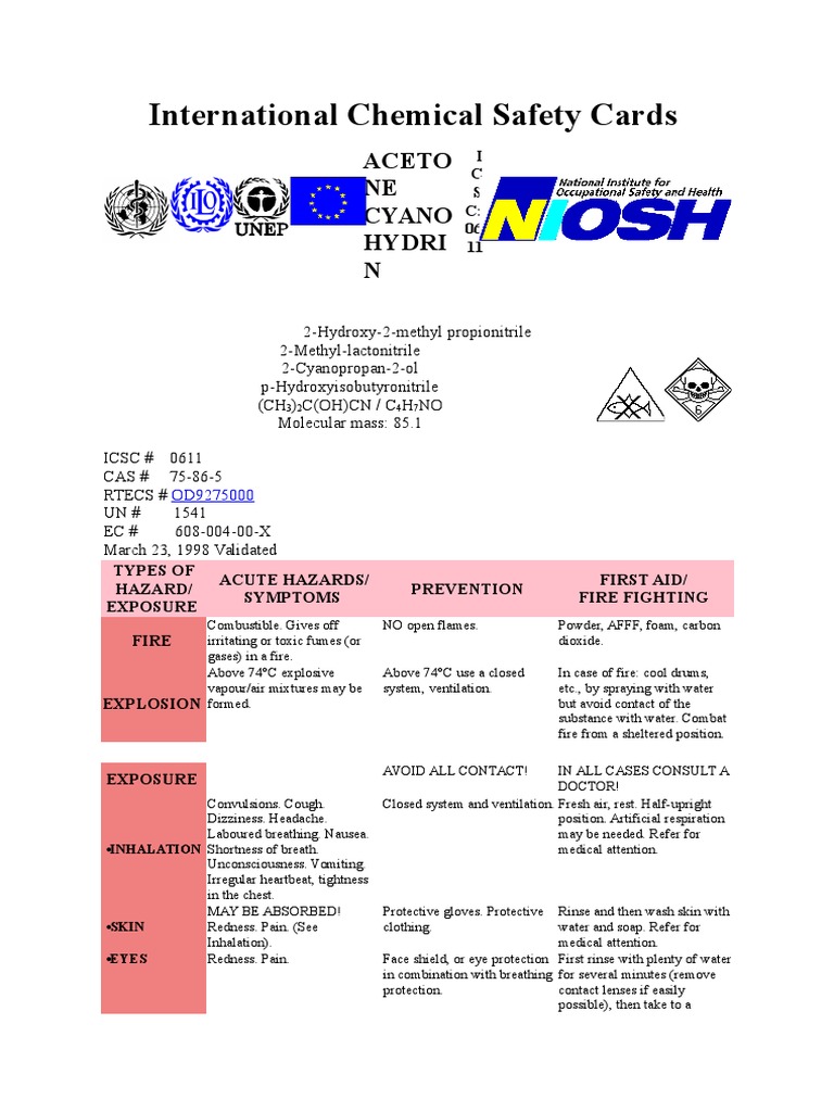 Acetone Cyanohydrin Safety Card | PDF | Chemical Substances ...