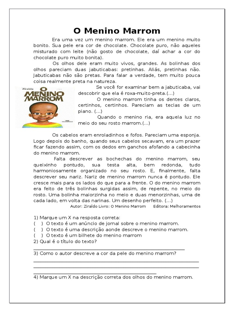 O menino marrom texto e atividades 3 e 4 ano.docx | Chocolate | Lazer