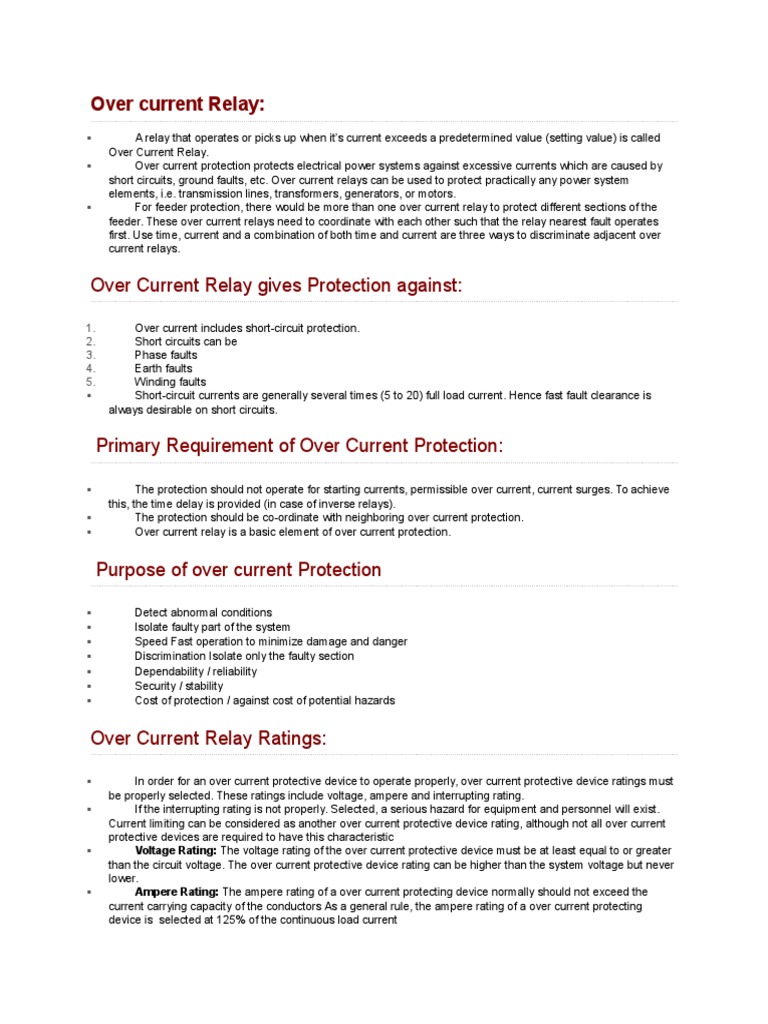 Over Current Relay Notes PDF Relay Electric Power System
