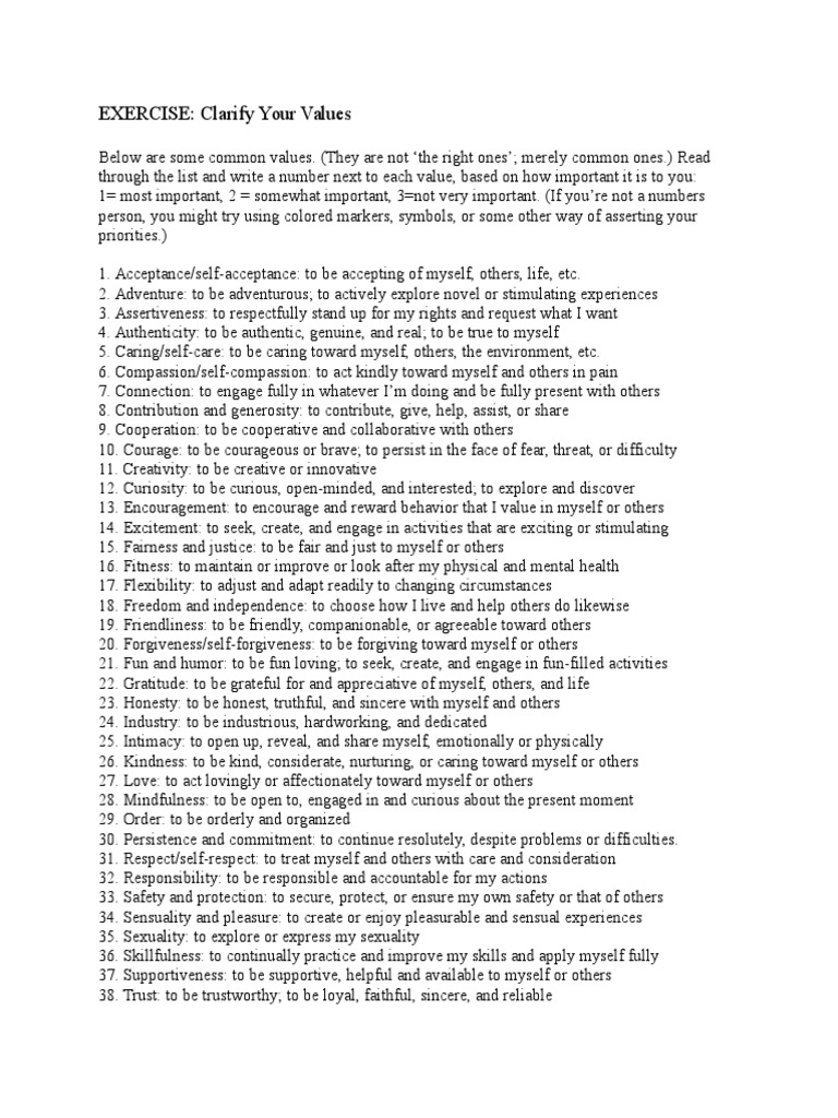 Values Clarification Exercise Guide | PDF | Forgiveness | Psychological ...