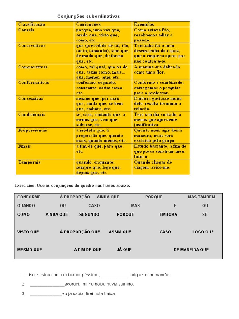 Exercícios de Conjunções Subordinativas | PDF