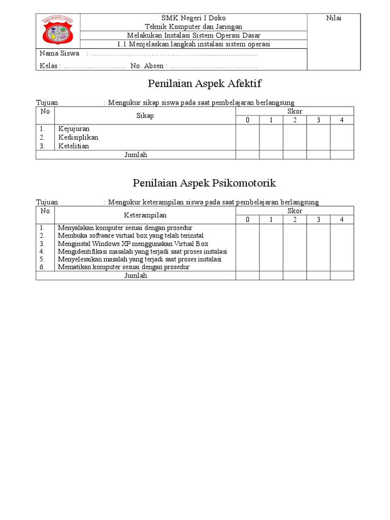 Penilaian Afektif&amp;Psikomotorik Instal SO
