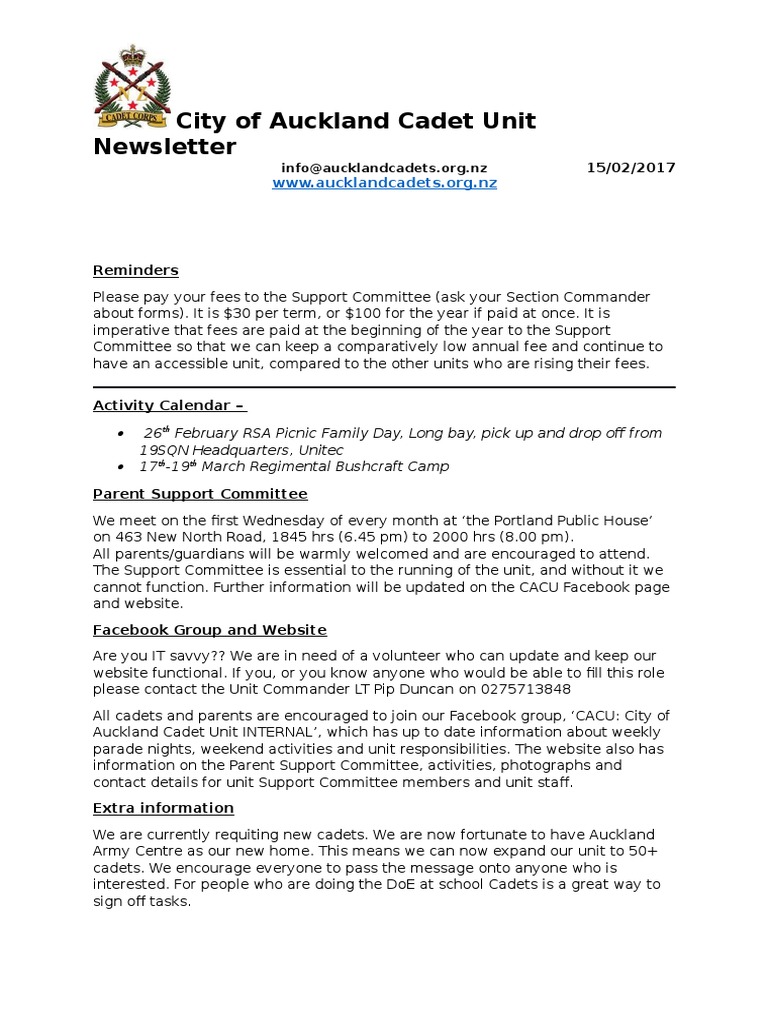 Auckland Cadet Unit Newsletter | PDF | Career & Growth