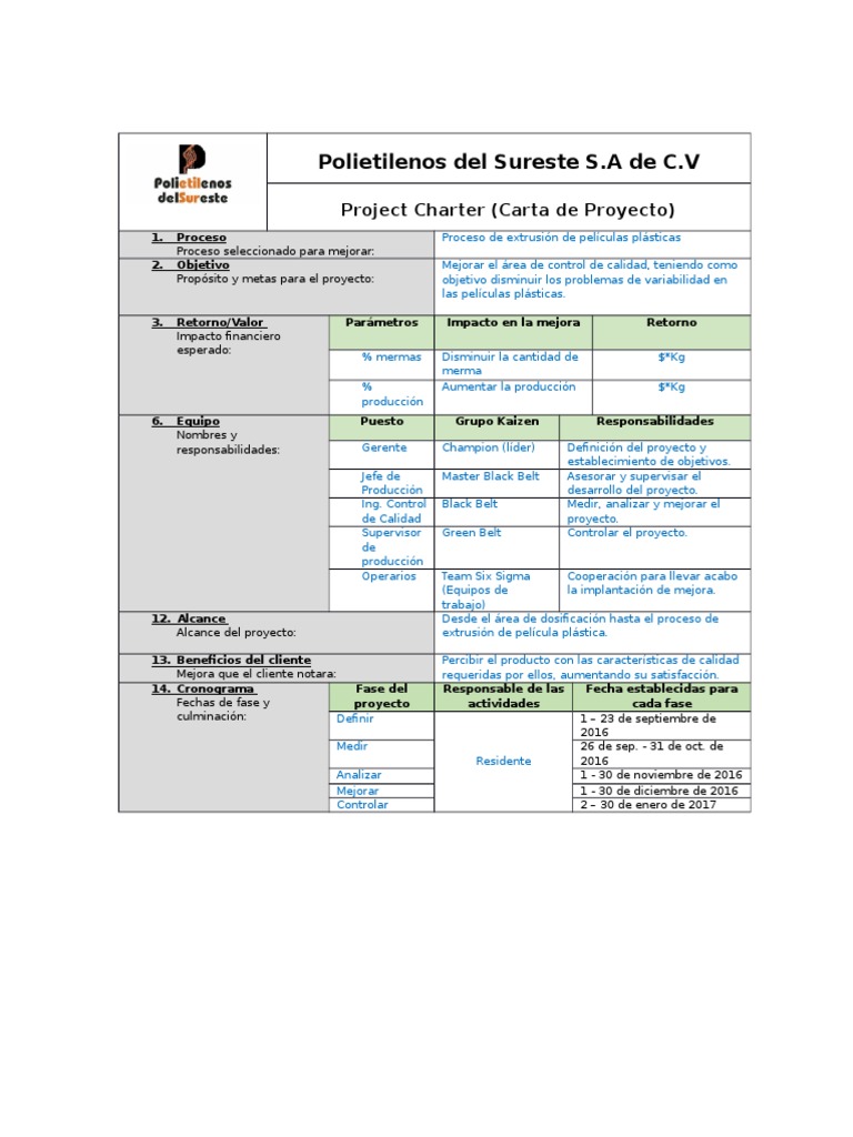 Carta de Proyecto  Six Sigma  Calidad (Negocios)