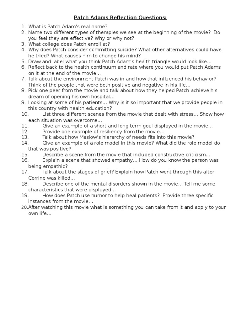 Patch Adams Reflection Questions PDF