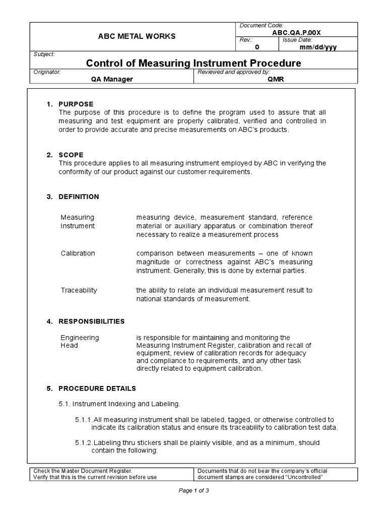 Control of Measuring Equipment Procedure Calibration Measurement