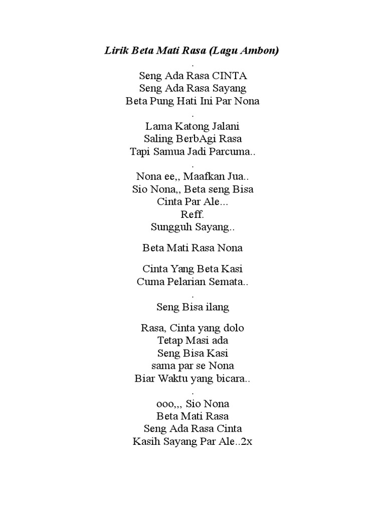 Lirik Lagu Beta Mati Rasa 2 Arsia Lirik