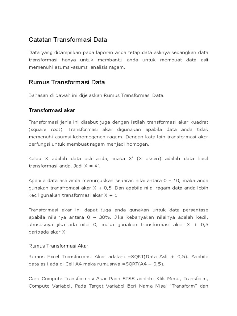 Rumus Transformasi Data di Excel dan SPSS | PDF