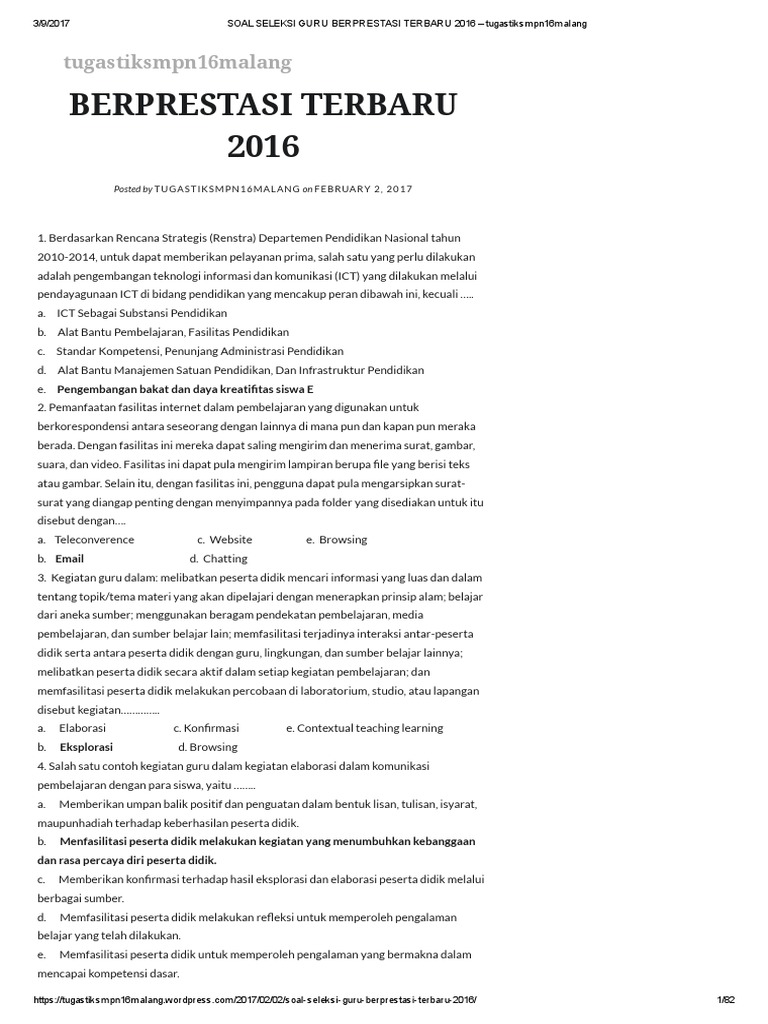 Soal Seleksi Guru Berprestasi Terbaru 2016 