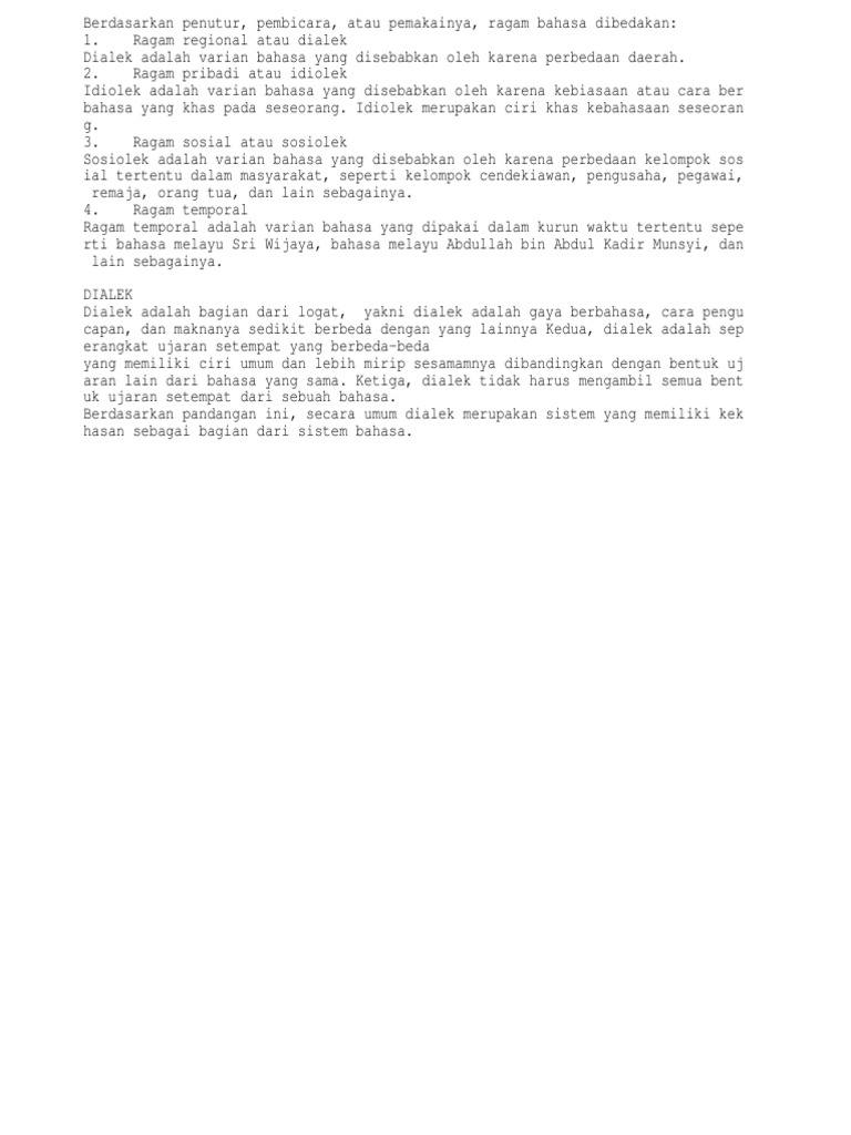 Ragam Bahasa: Dialek, Idiolek, Sosiolek | PDF | Karier & Perkembangan ...