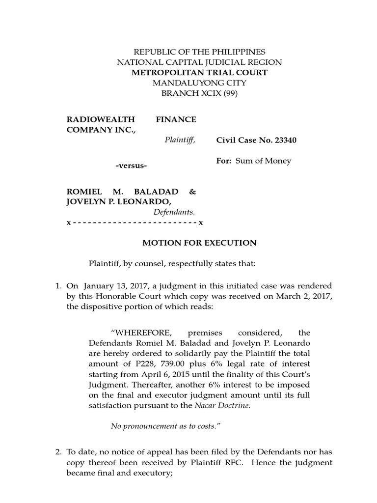 Motion for Execution of Judgment | PDF | Judgment (Law) | Lawsuit
