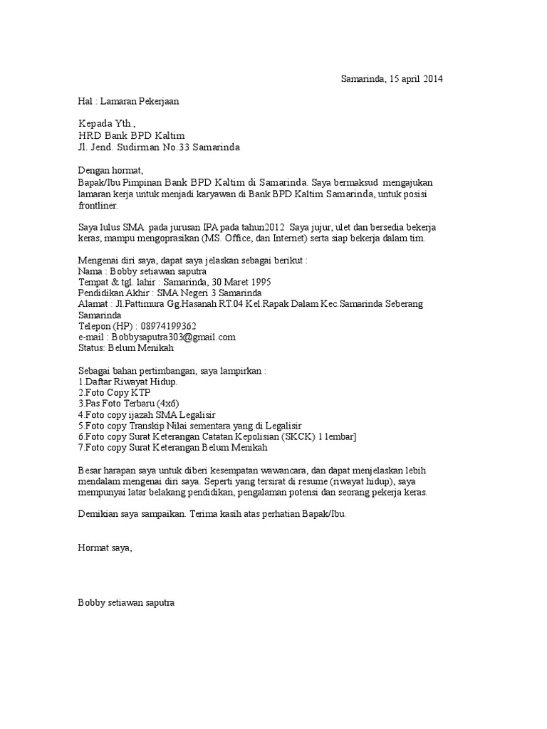 Contoh Surat Contoh Surat Lamaran Pekerjaan Bank 