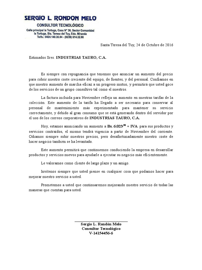 Carta de Aumento de Precio