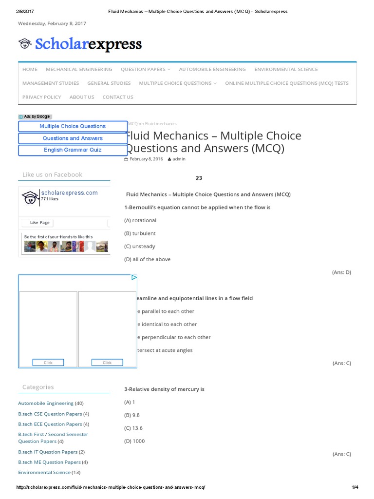 Fluid Mechanics Multiple Choice Questions and Answers (MCQ) Scholarexpress PDF Viscosity