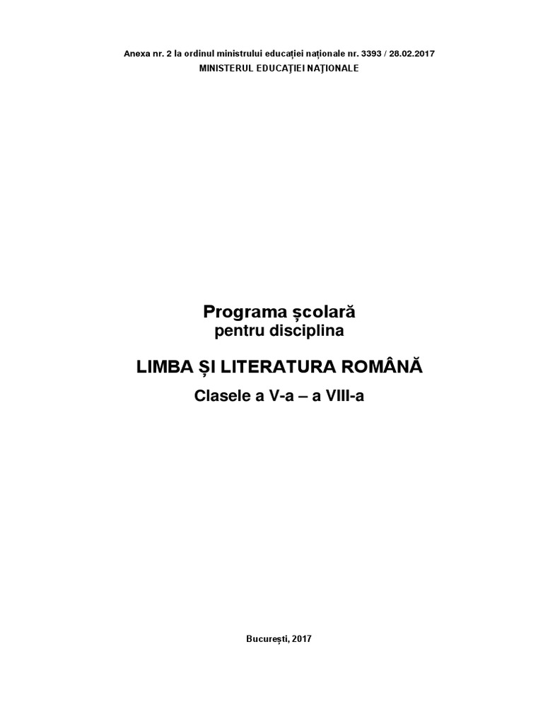 Programa Gimnaziu 2017 Limba Si Literatura Romana Materna
