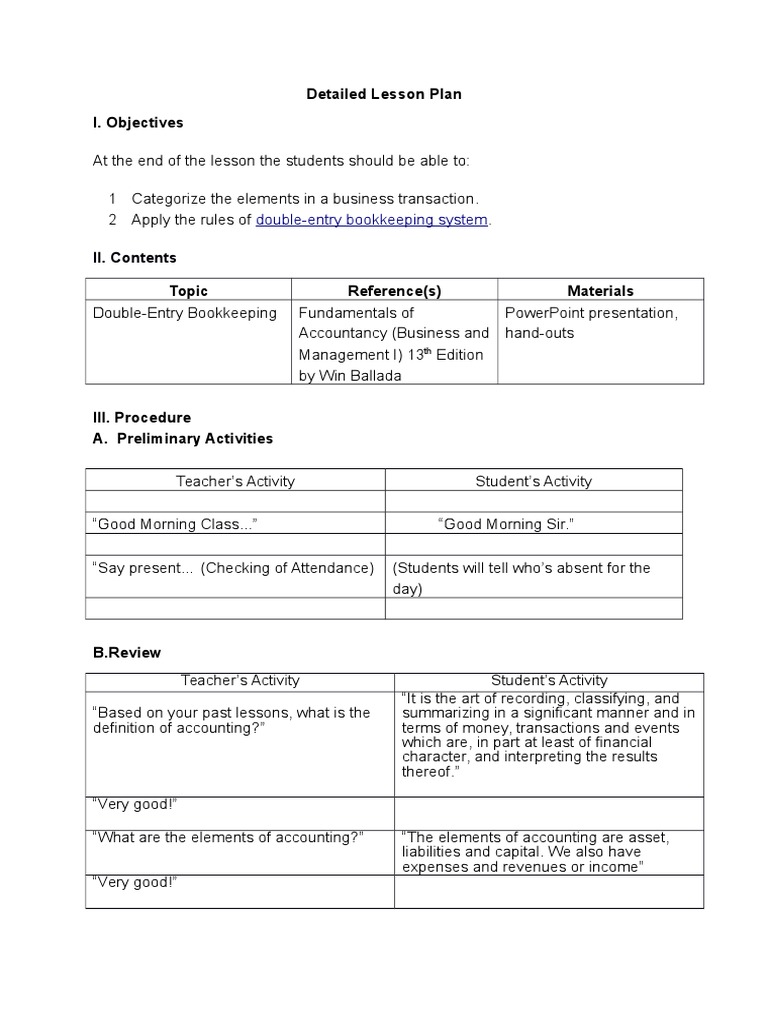 Detailed Lesson Plan I. Objectives: II. Contents | PDF | Debits And ...