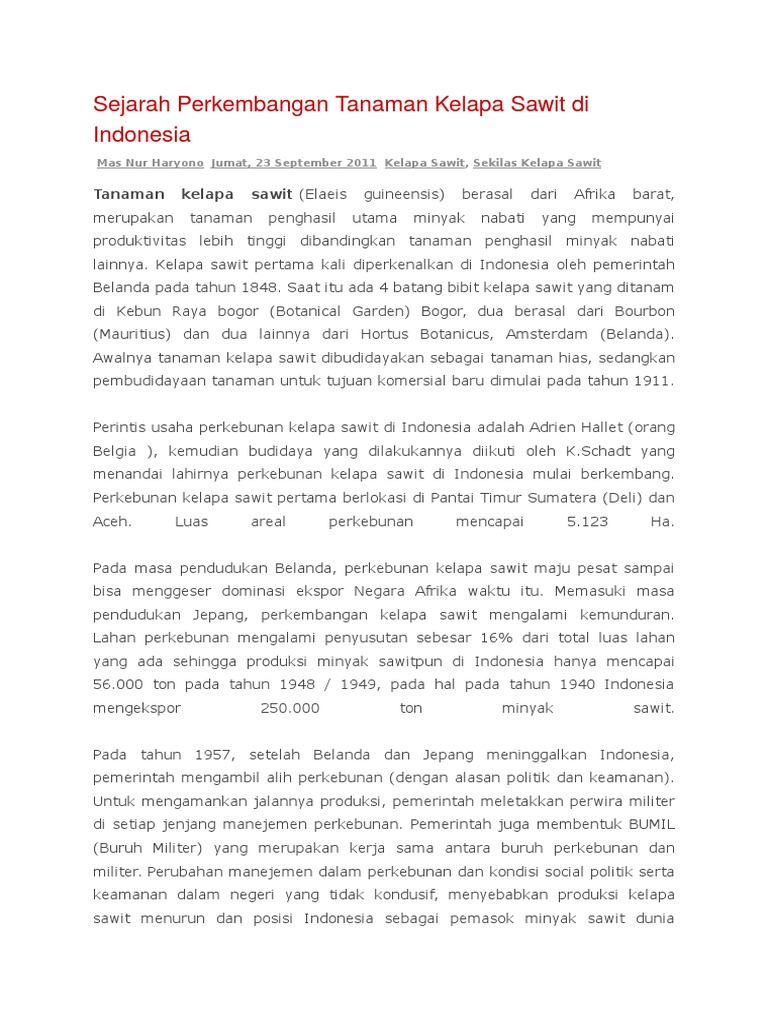 Sejarah Perkembangan Tanaman Kelapa Sawit Di Indonesia