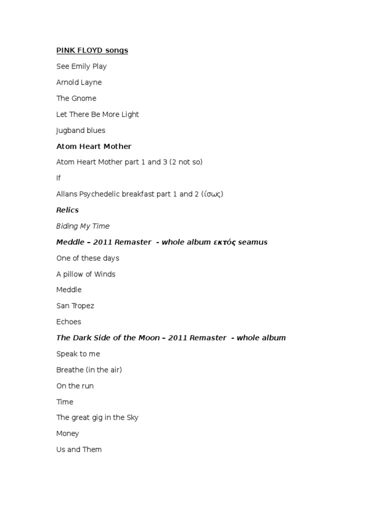 Pink Floyd Songs | PDF | Musical Compositions | Recorded Music