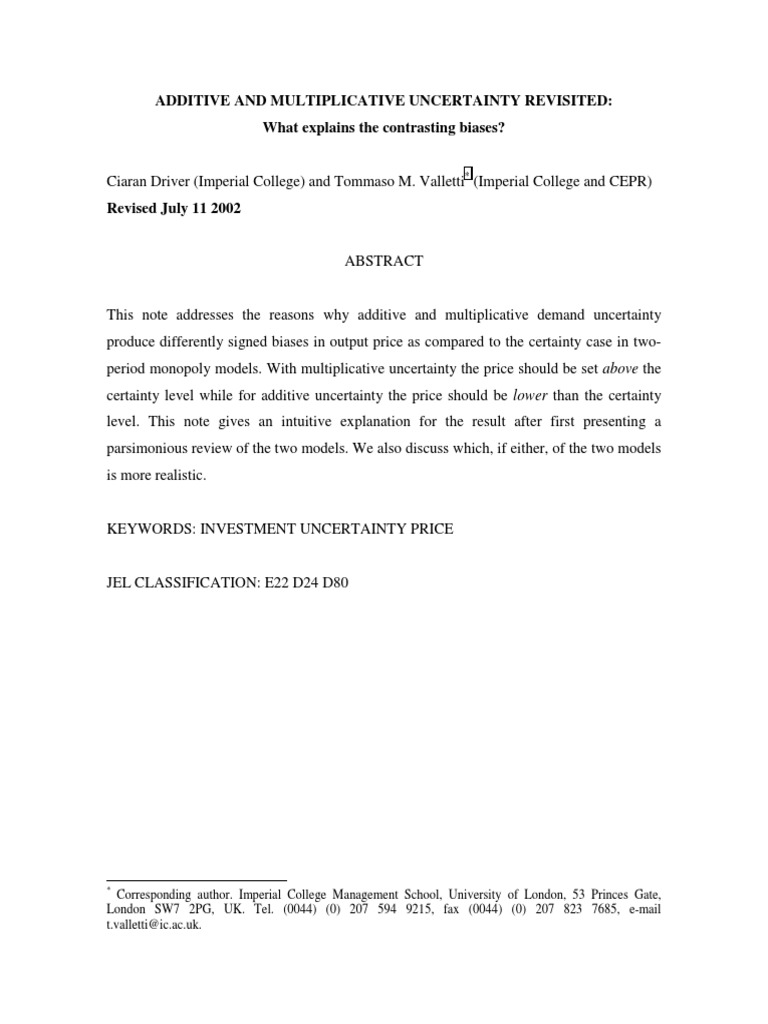 Additive vs. Multiplicative Uncertainty Biases | PDF | Demand | Monopoly
