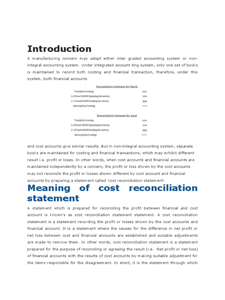 Meaning of Cost Reconciliation Statement PDF Depreciation Profit