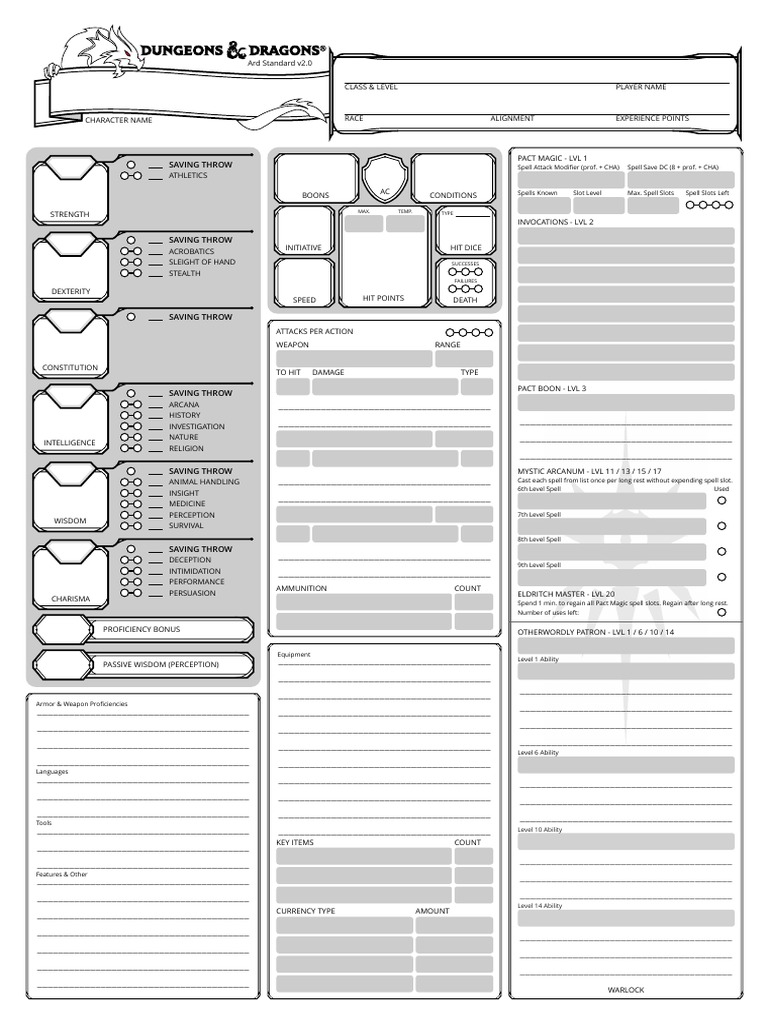 Ard Character Sheet - Warlock | Leisure Activities | Role Playing Games