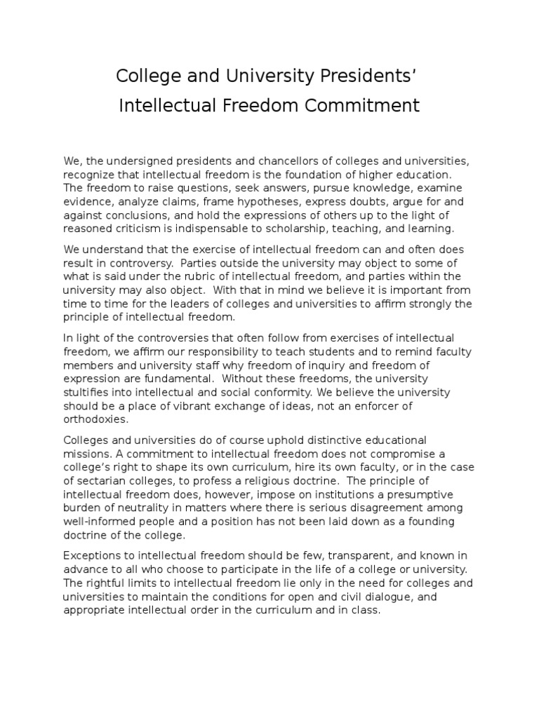 College and University Presidents' Academic Freedom Commitment | PDF