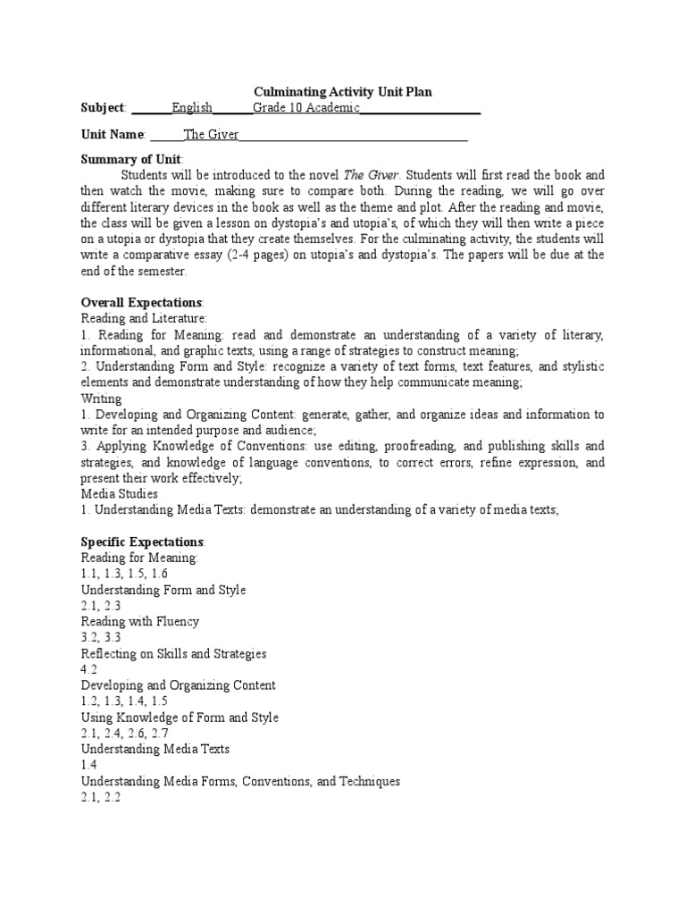 Unit Plan | PDF | Dystopia | Reading (Process)