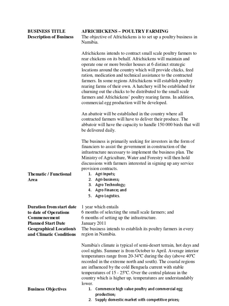 Poultry Farm Business Plan  PDF  Poultry Farming  Namibia In Free Poultry Business Plan Template