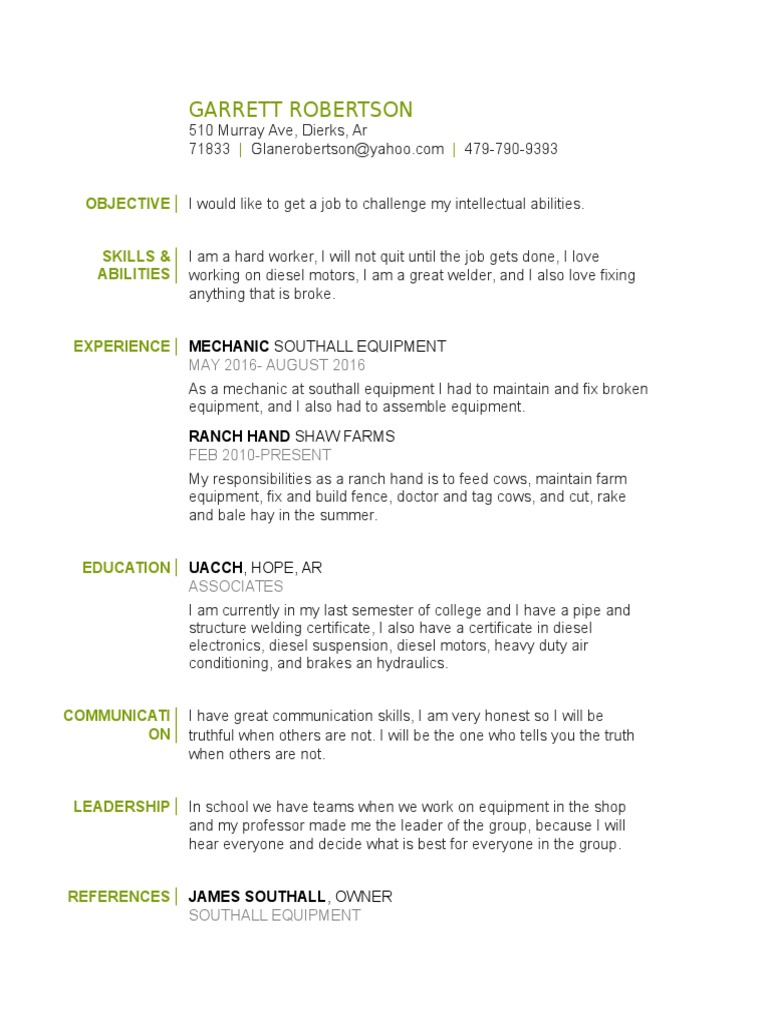Mechanic and Ranch Hand Resume | PDF