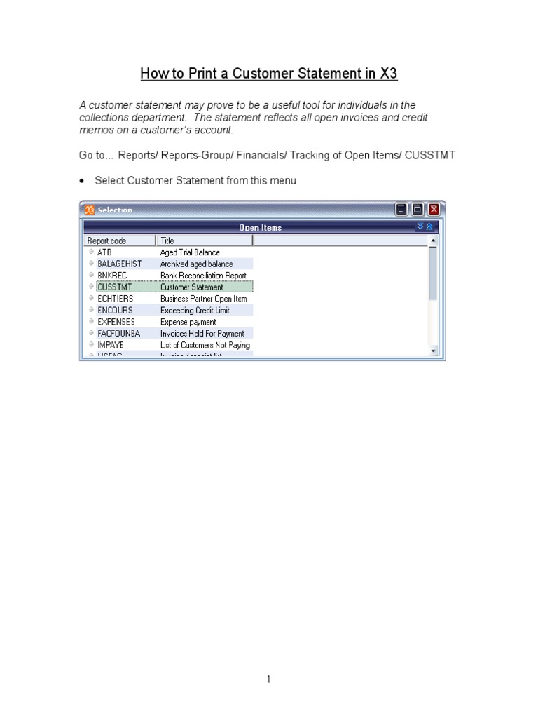 How to print a customer statement in x3 pdf